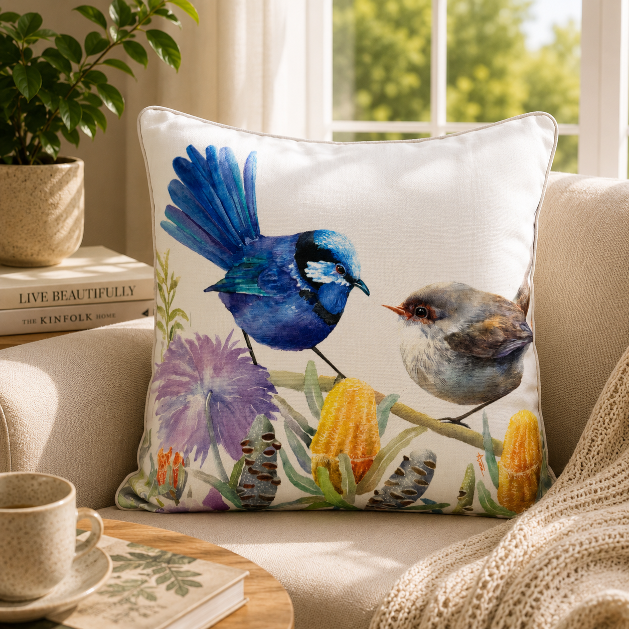 Blue Wren Pair Cotton Cushion Cover