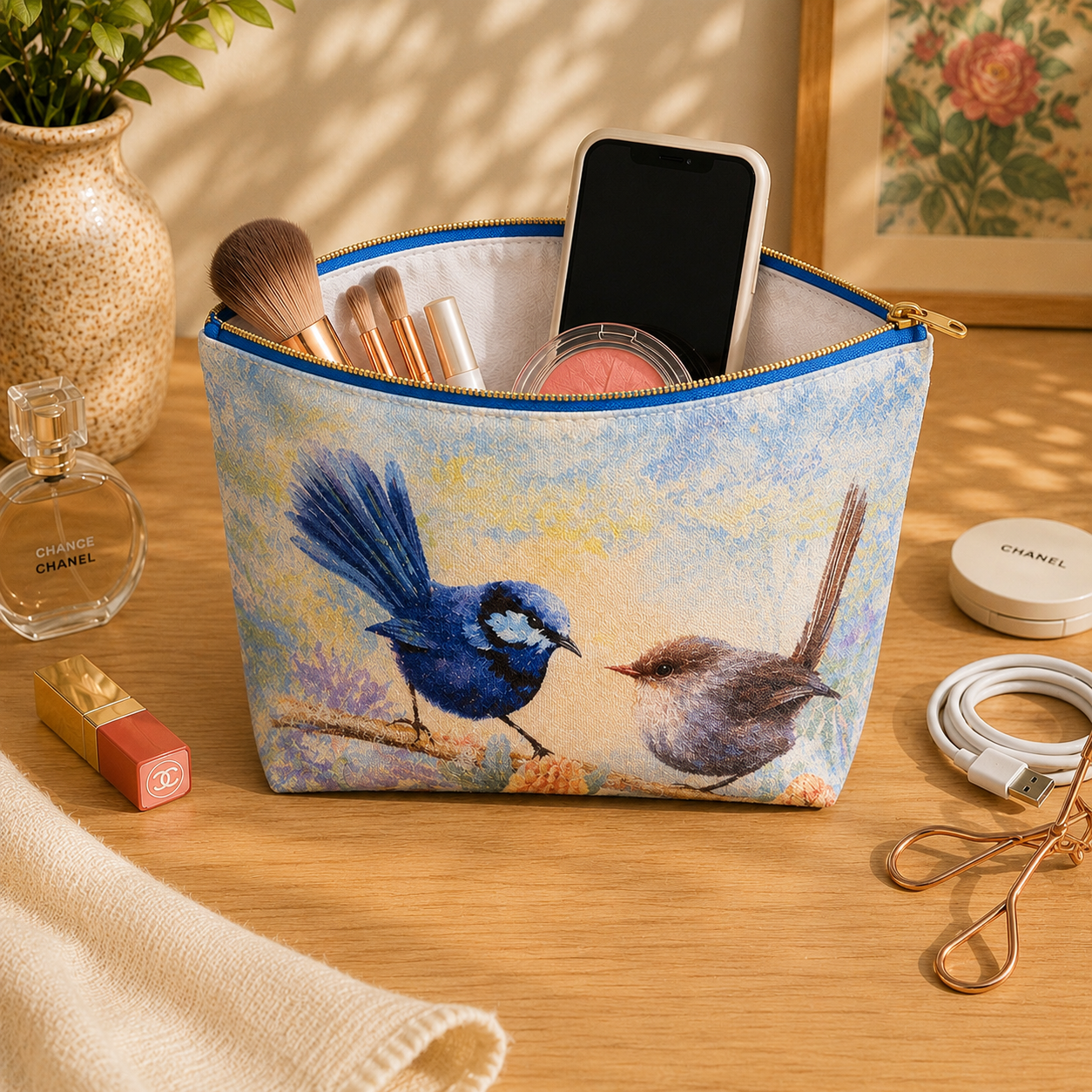 Blue Wren Pair Soft Organiser Bag