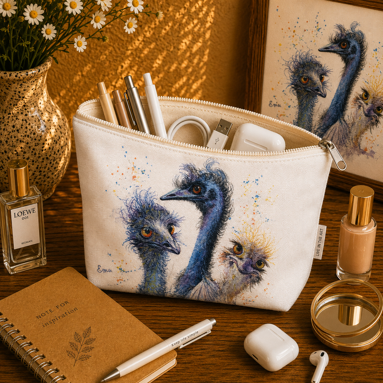 Inquisitive Emus Cotton Organiser Bag