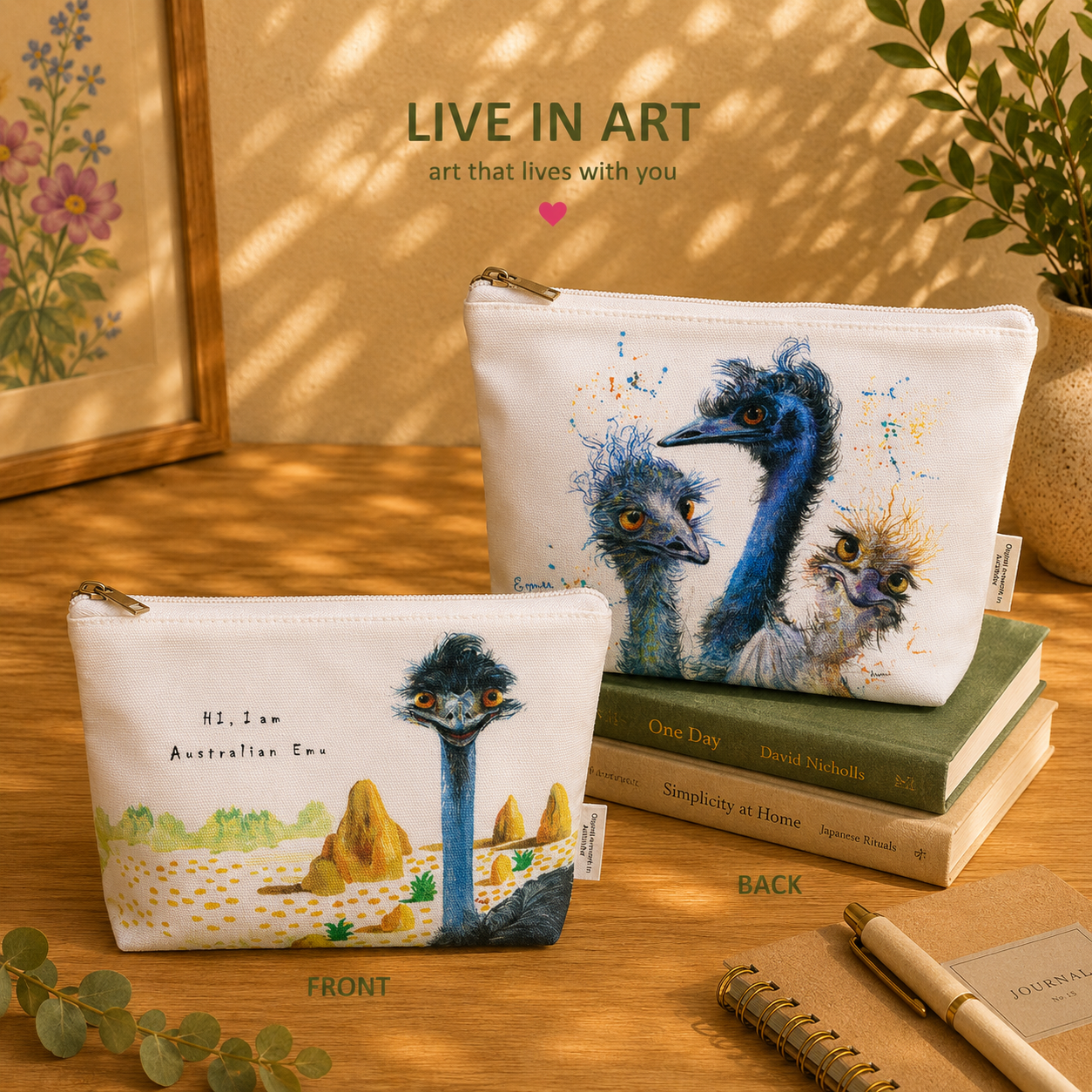 Inquisitive Emus Cotton Organiser Bag