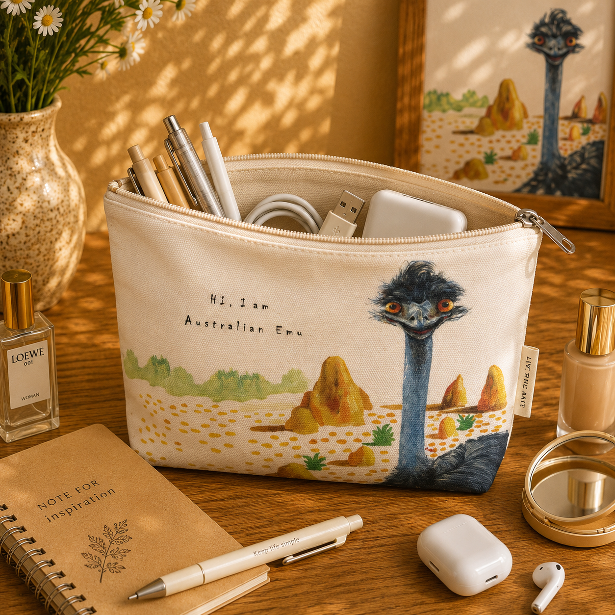Inquisitive Emus Cotton Organiser Bag