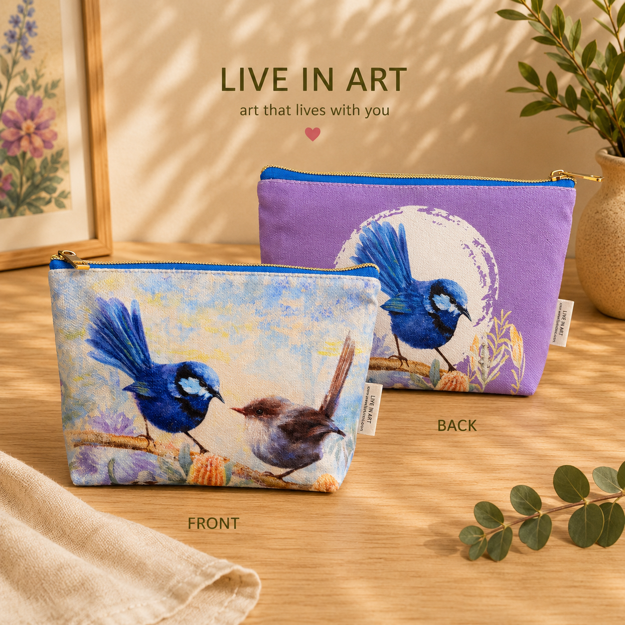 Blue Wren Pair Soft Organiser Bag