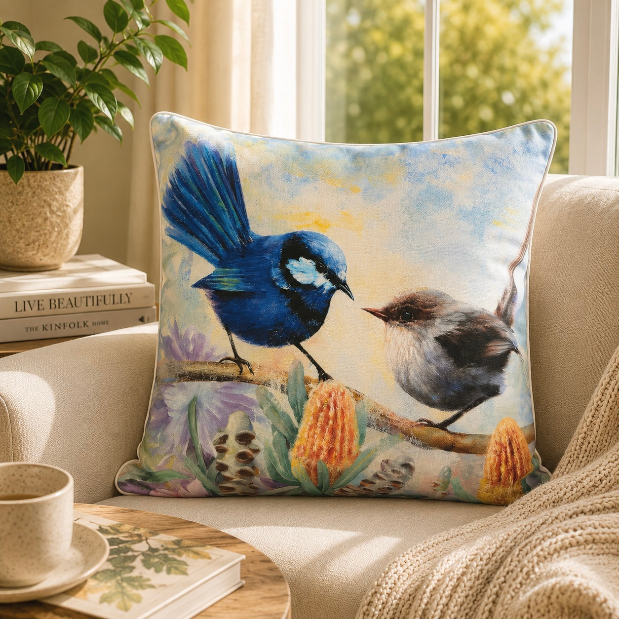Blue Wren Pair Cotton Cushion Cover